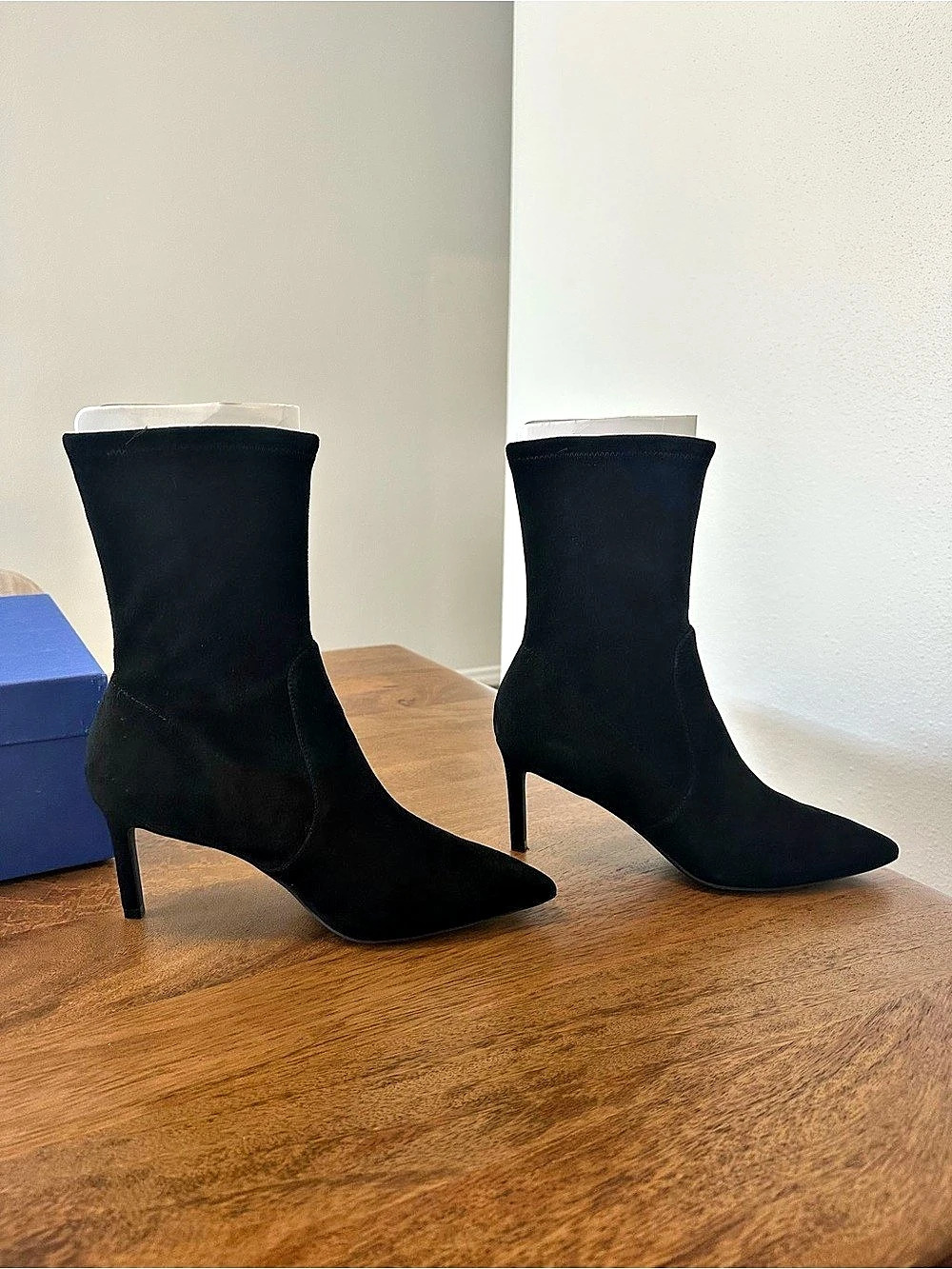 Stuart Weitzman Cling Suede Sock Bootie Black Pointed-Toe Heeled Boots